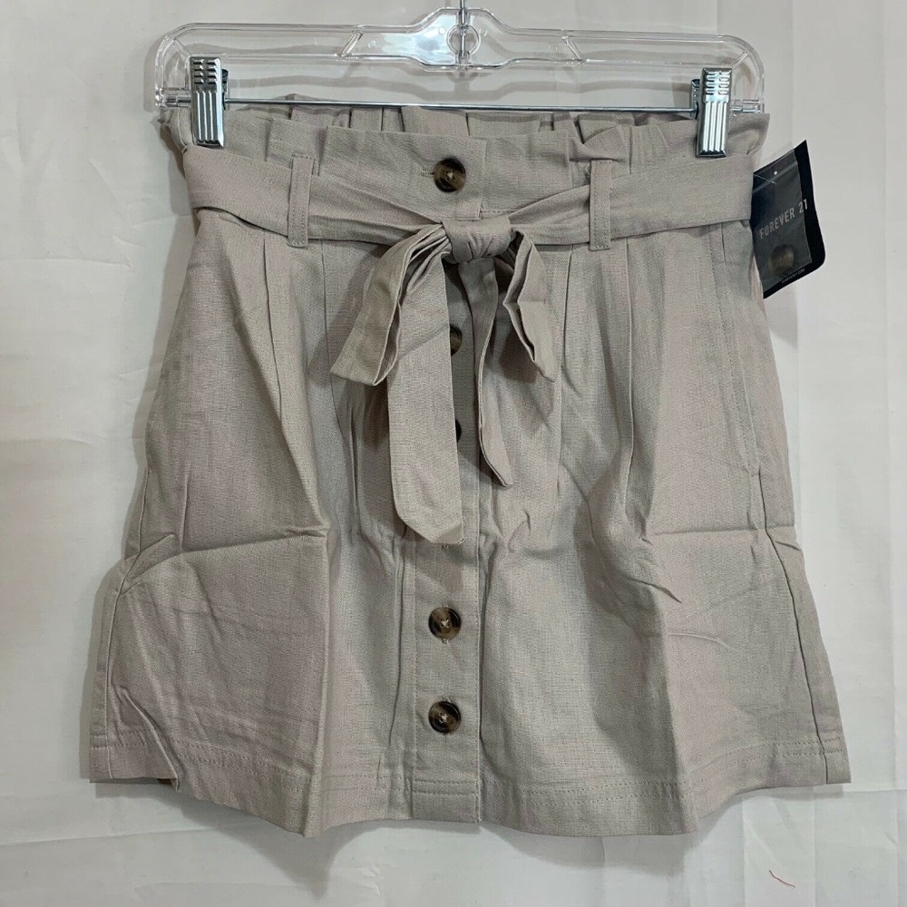 Forever 21 Womens NWT Linen Blend Button Front Tie Belt Mini Skirt in Tan Small
